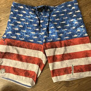 Pelagic Americamo Flag Sharkskin USA Swim Board Shorts Mens Size 36 Swim Trunks